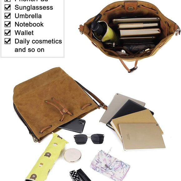 Leather Bucket Bags and Drawstring Crossbody Purse for Women Medium Tote and Hob - Picture 3 of 7